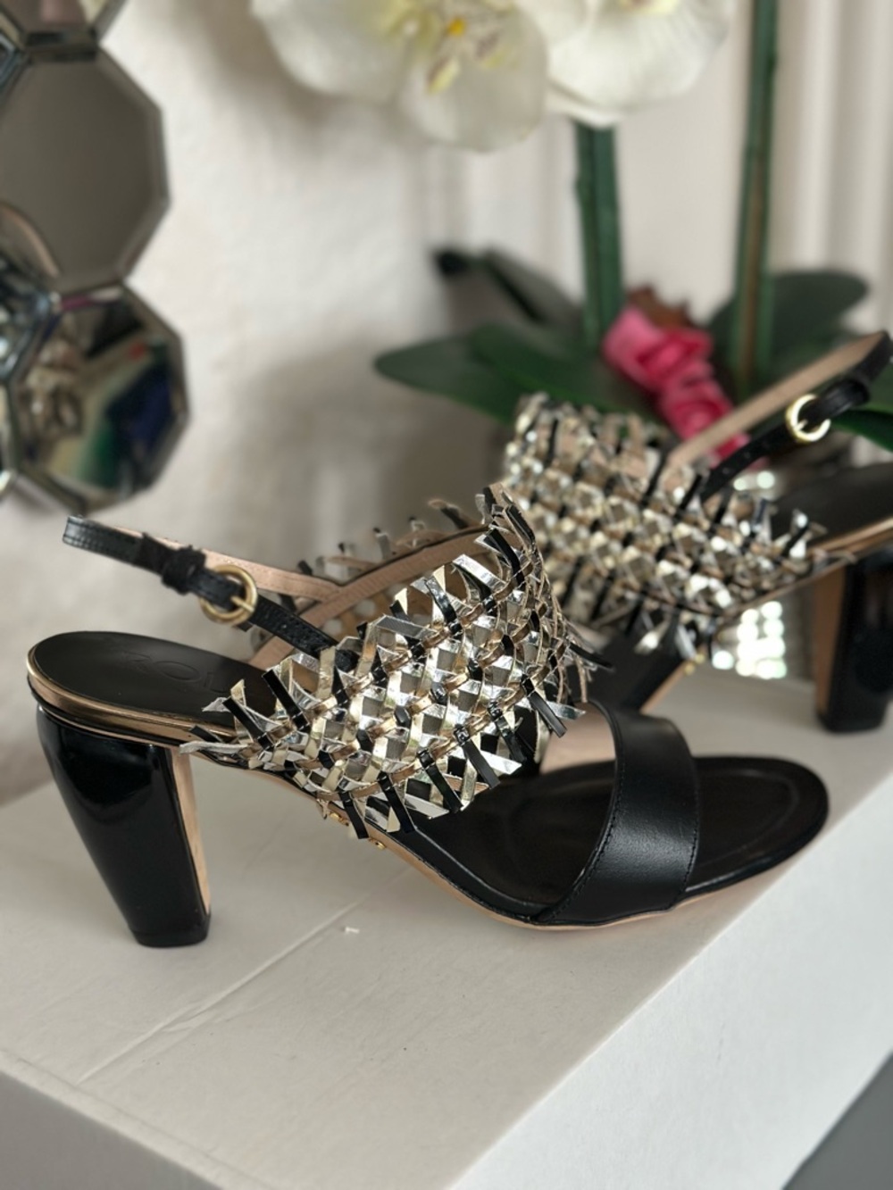Rodo Black Heeled Sandals with Silver Metallic Fringe - Picture 3 of 10